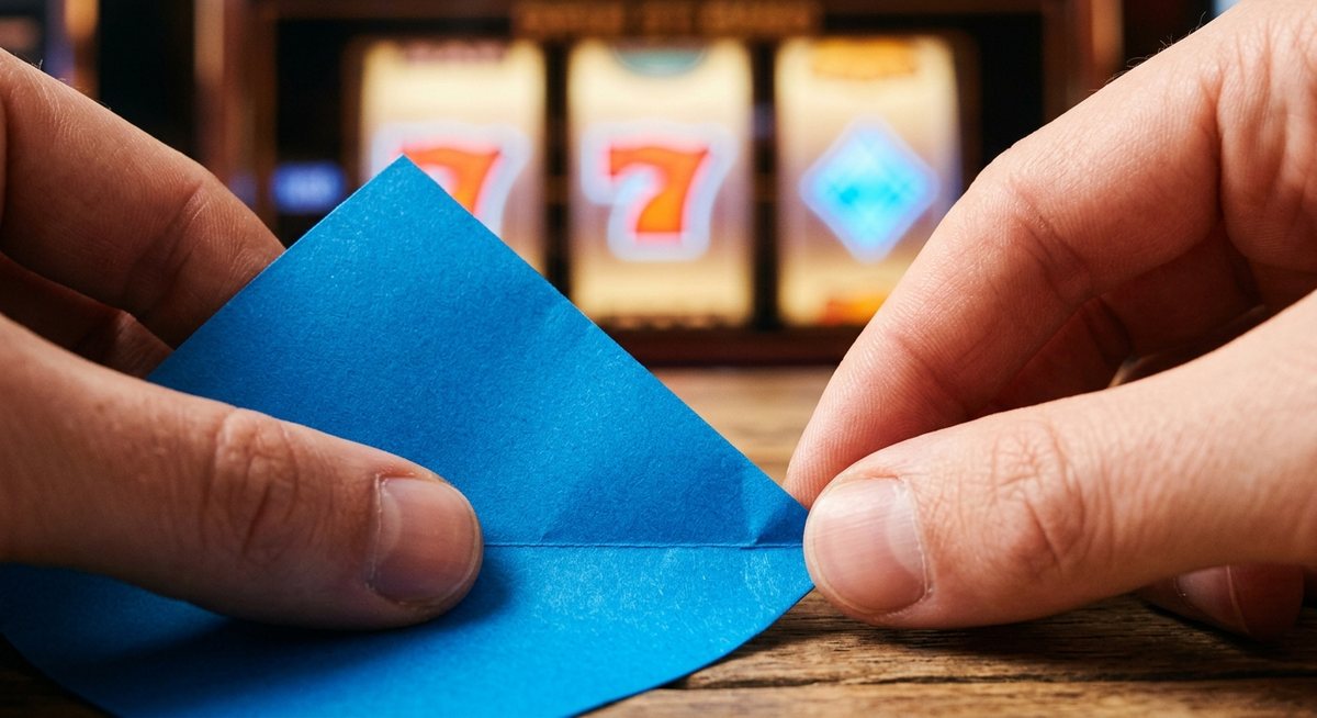 jari menyelaraskan dua tepi kertas biru hingga bertemu presisi di bawah cahaya terang, gulungan slot dengan simbol seven dan diamond yang tersusun rapi bercahaya lembut di latar belakang