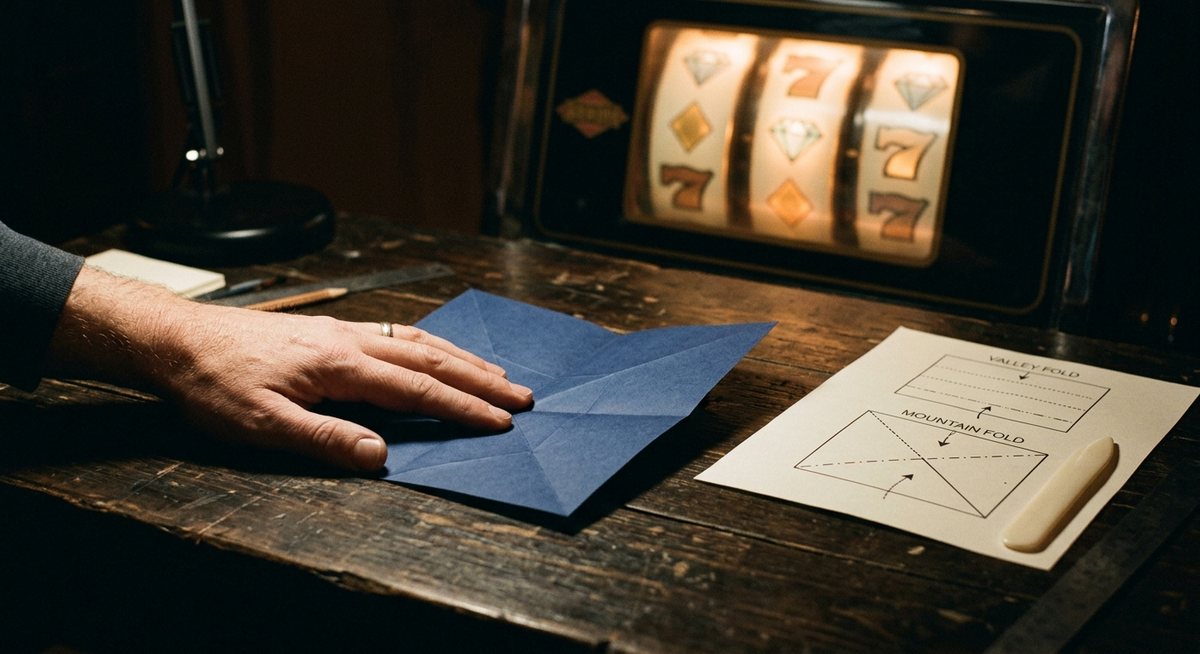 tangan menahan lipatan kertas secara ringan sebelum ditekan, diagram lipatan lembah dan gunung di sampingnya, gulungan slot berhias diamond redup di belakang