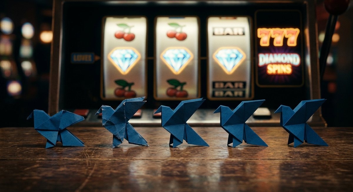 deretan lima burung kertas origami biru tersusun dari paling miring hingga paling rapi di atas meja gelap dengan gulungan slot berhias diamond menyala lembut di belakangnya