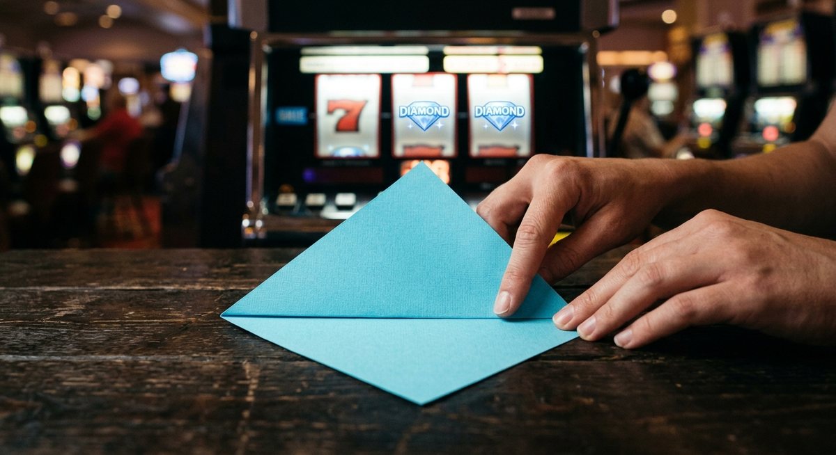 tangan melipat kertas persegi biru muda di atas meja gelap dengan gulungan slot berhias simbol diamond dan seven menyala redup di latar belakang