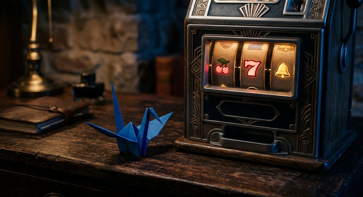 Burung kertas origami biru berdiri di atas meja gelap di samping kabinet permainan dengan gulungan simbol slot cherry seven bell yang menyala redup